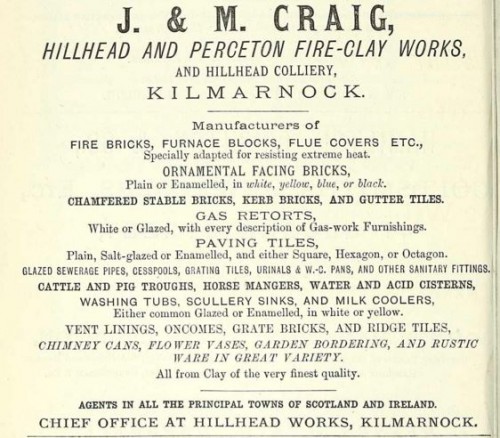 1875 advert J and M Craig, Hillhead Works, Kilmarnock