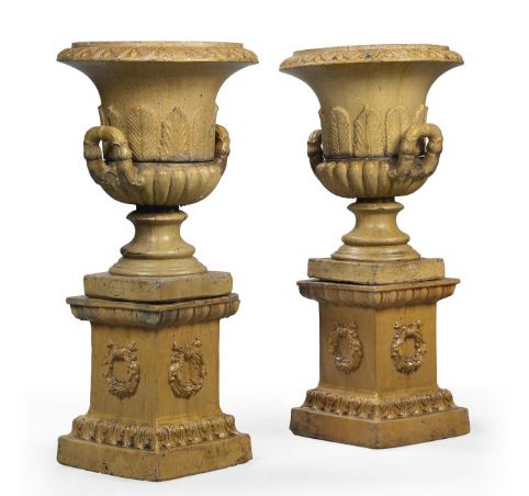 pair of Robert Brown Paisley urns and pedestals