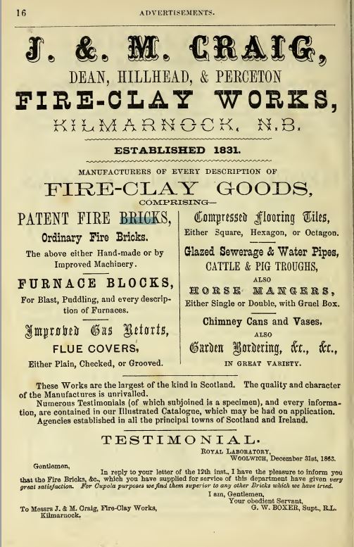 1868 - J & M Craig fire clay works advert