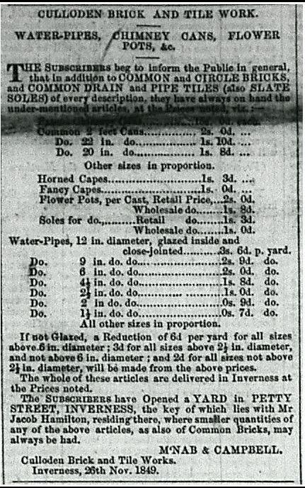 Culloden brick and Tile Works advert 26th Nov 1849